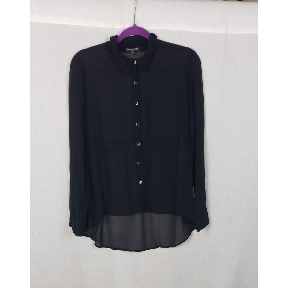 EILEEN FISHER PETITE M Black 100% Silk Sheer‎ Button Front Shirt Top Casual Goth